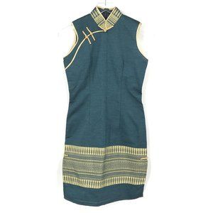 Asian Dress Womens Small Green 100% Silk Sleeveless Embroidered Sheath Zipper